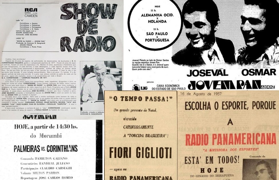 Colagem mostra cartazes antigos da Jovem Pan, anunciando partidas de futebol, programas com Shwo de Rádio e Jornal de Esportes e exaltando profissionais como José Silvério, Osmar Santos e Fiori Gigliotti