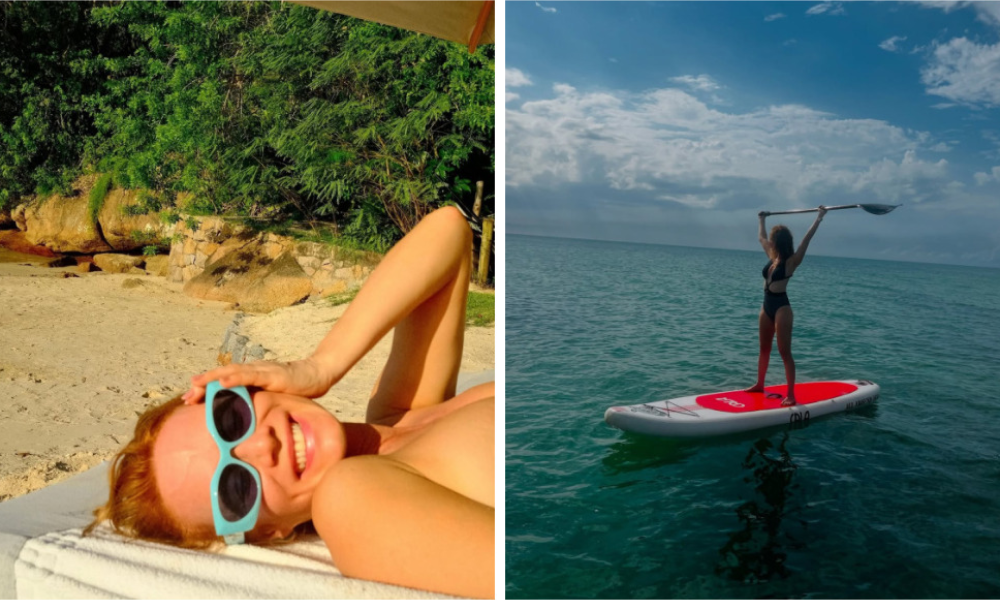Mariana Xiomenes de topless (à esquerda) e fazendo stand-up paddle (à direita)