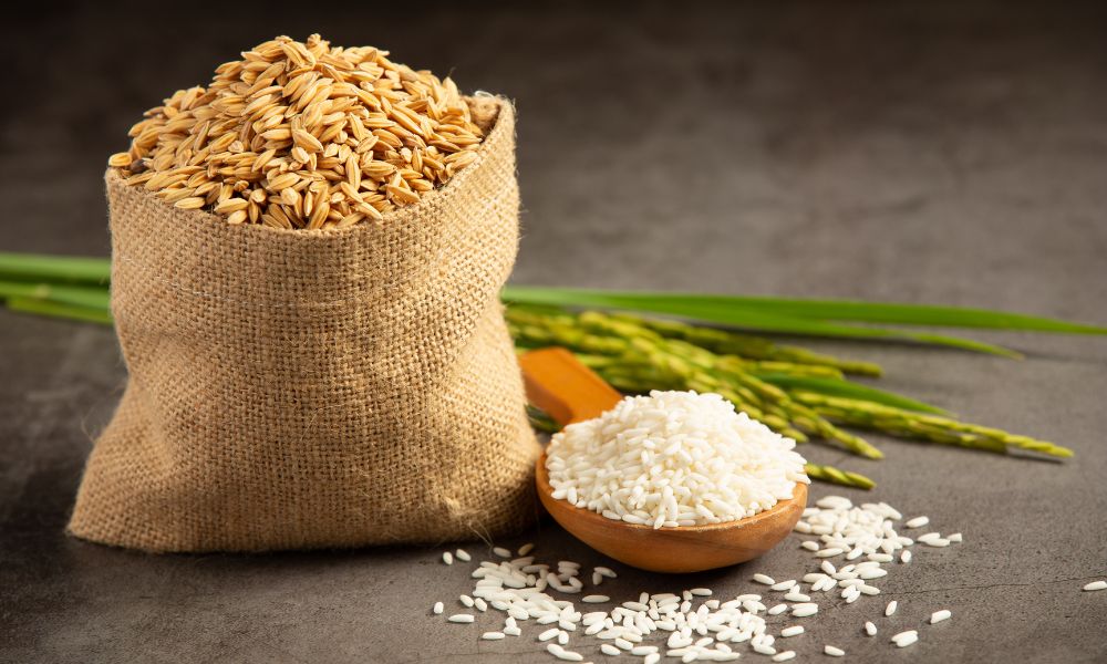 Foto de saco de sementes de arroz