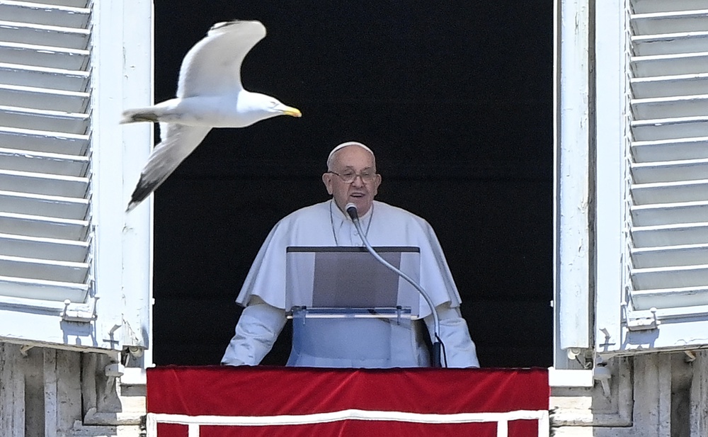 Um pássaro voa enquanto o Papa Francisco conduz a oração Regina Coeli