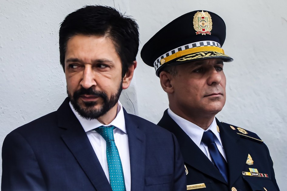 O prefeito de São Paulo, Ricardo Nunes (MDB), participa de cerimônia da troca de comando da Guarda Civil Metropolitana (GCM), na Academia de Formação de Segurança Urbana, no bairro do Belém, zona leste de São Paulo, nesta quinta-feira, 16. Nunes anunciou o nome de Eliazer Rodella como o novo comandante-geral da GCM