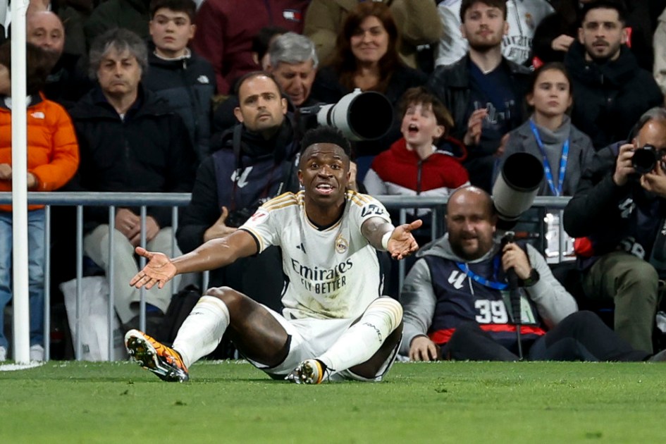O atacante brasileiro Vinicius Jr., do Real Madrid, durante o jogo da 28.ª jornada da Liga entre Real Madrid e Celta de Vigo