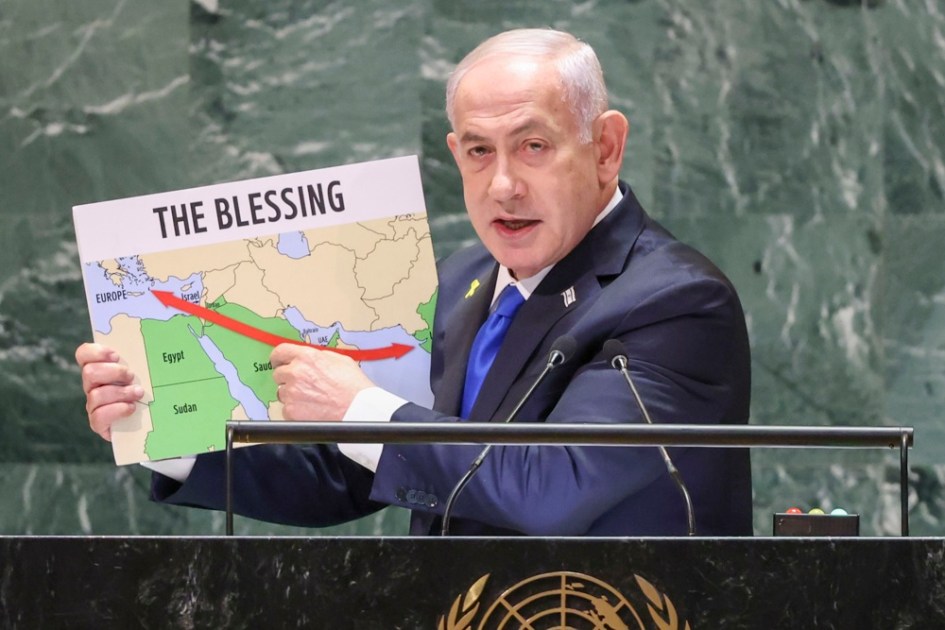 O primeiro-ministro de Israel, Benjamin Netanyahu, discursa durante o Debate Geral da 79ª sessão da Assembleia Geral das Nações Unidas na sede da ONU em Nova York