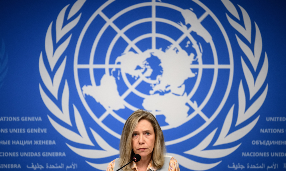 World Meteorological Organization Secretary-General (WMO) Celeste Saulo attends a press conference on the WMO's State of Global Water Resources Report, in Geneva on October 7, 2024. Increasingly intense floods and droughts are a "distress signal" of what is to come as climate change makes the planet's water cycle ever more unpredictable, the United Nations said October 7, 2024. Last year the world's rivers were their driest for more than 30 years, glaciers suffered their largest loss of mass in half a century and there were also a "significant" number of floods, the UN's World Meteorological Organization said in a report.