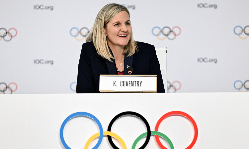 Newly-elected president of the International Olympic Committee (IOC) Zimbabwean Kirsty Coventry reacts during her first press conference during the 144th IOC Session on the day of the election of the President of the International Olympic Committee, in Costa Navarino, Greece on March 20, 2025. Zimbabwe's Kirsty Coventry became the first woman and the first African to be elected president of the International Olympic Committee on March 20, 2025.