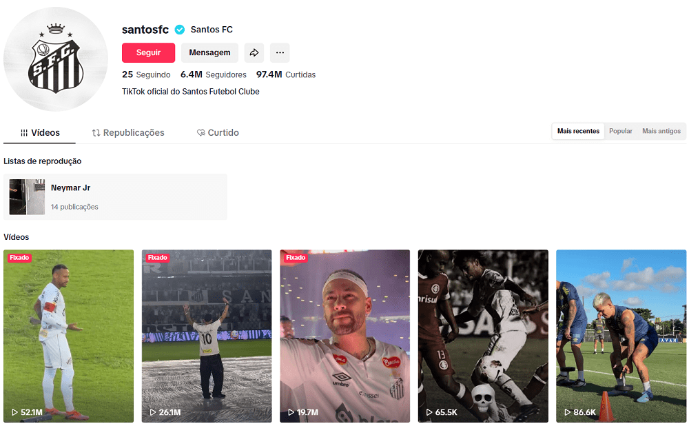 Página do Santos na rede social Tik Tok