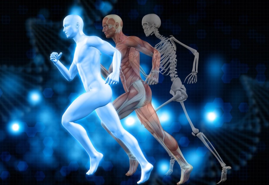 Fundo médico 3D com figuras masculinas correndo