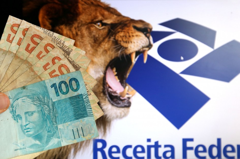 Imagem de um leão ao lado do símbolo da Receita Federal com notas acima