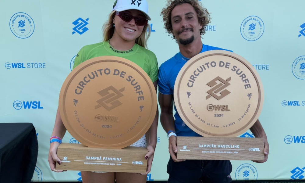 Laura Raupp e Mateus Sena, campeões do Circuito Banco do Brasil de Surfe 2024