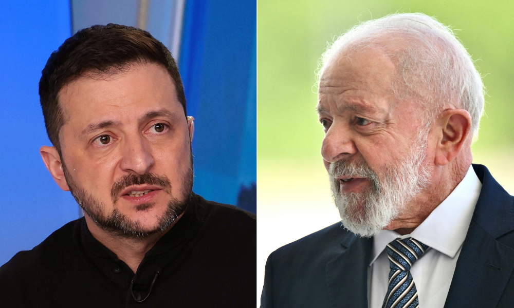 Presidente ucraniano, Volodymyr Zelensk, e o presidente brasileiro, Luiz Inácio Lula da Silva, em montagem