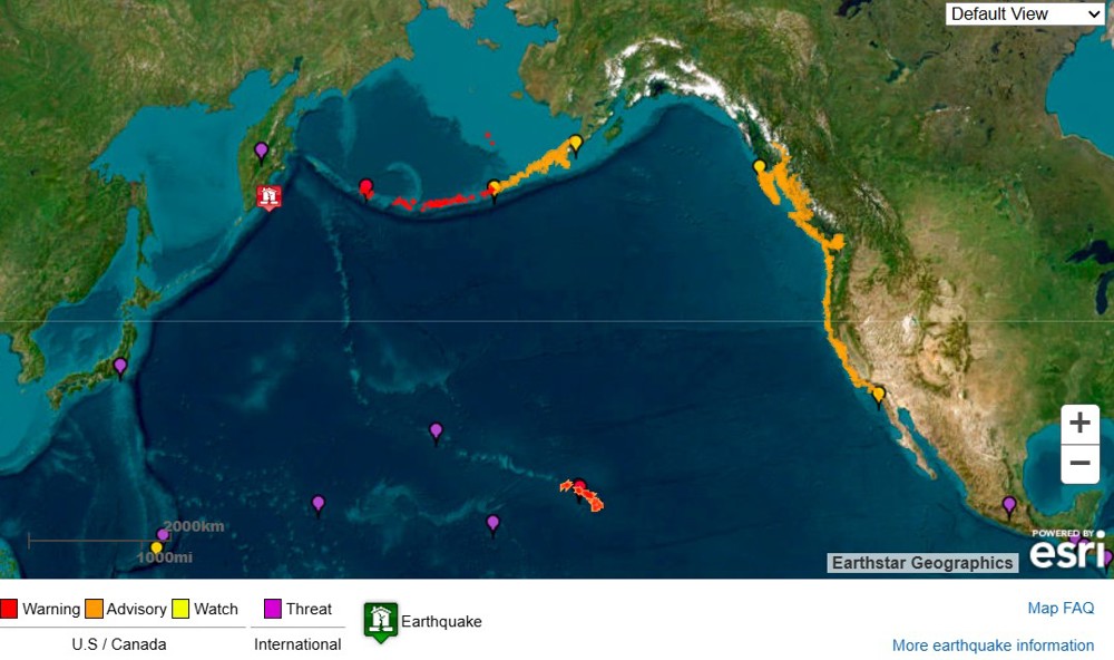 magen cedida pelo Serviço Meteorológico Nacional (NOAA) dos Estados Unidos e seu Sistema de Alerta de Tsunamis que mostra o ponto de origem do terremoto de magnitude 8,8 este março, na península russa de Kamchatka (Rússia) e as possíveis áreas de impacto de tsunami. Um terremoto de magnitude 8,8 frente às costas da península russa de Kamchatka gerou alertas de tsunami em vários países banhados pelo oceano Pacífico, entre o Japão e os territórios estaduais unidenses do Havaí e do Alasca. EFE/ NOAA /SOLO USO EDITORIAL/ SOLO DISPONIBLE PARA ILUSTRAR LA NOTICIA QUE ACOMPAÑA (CRÉDITO OBLIGATORIO)