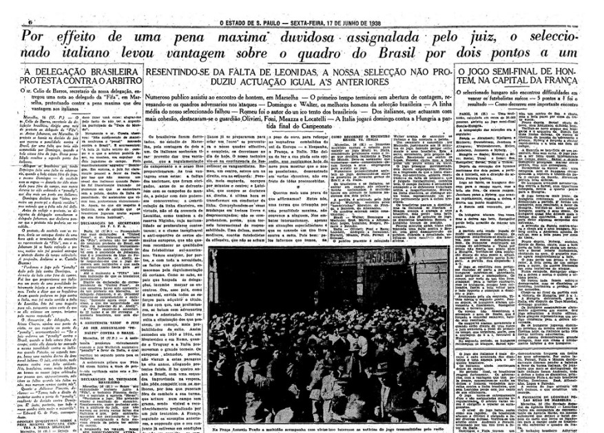 O jornal "O Estado de S. Paulo" relata o erro de arbitragem em sei caderno de esportes no dia 17 de junho de 1938