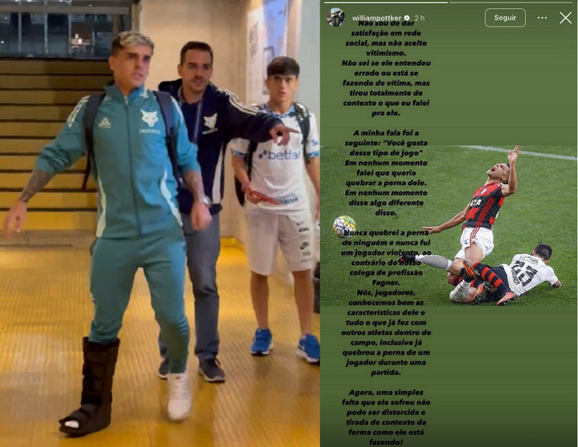 À esquerda, Fagner usando bota ortopédica após se machuca: à direita, o desabafo de Pottker no Instagram