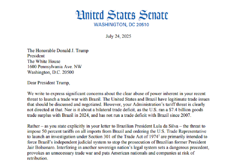 Senadores democratas dos EUA acusam Trump de abuso de poder por tarifas contra o Brasil