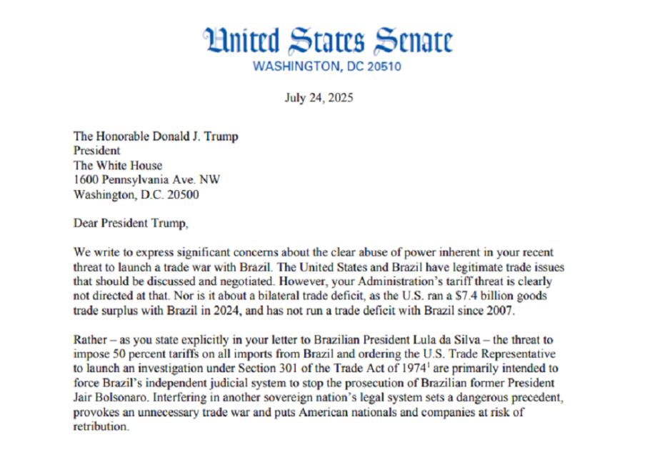 Trecho da carta escrita por senadores democratas e endereçada ao presidente Donald Trump