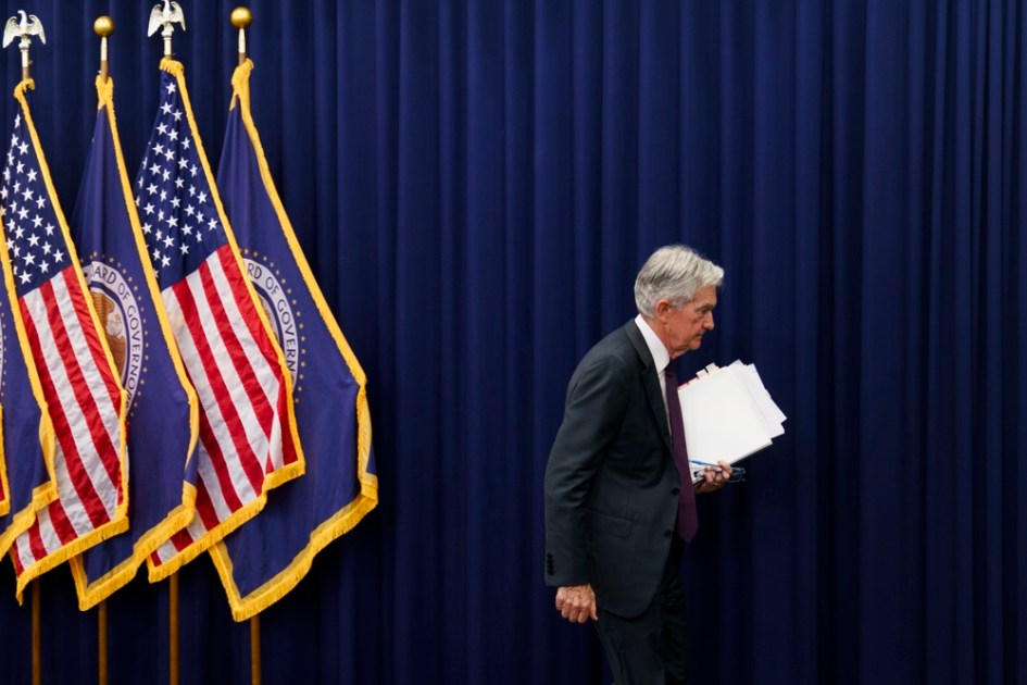 Presidente do Federal Reserve, Jerome Powell, durante coletiva de imprensa na sede do banco central dos EUA