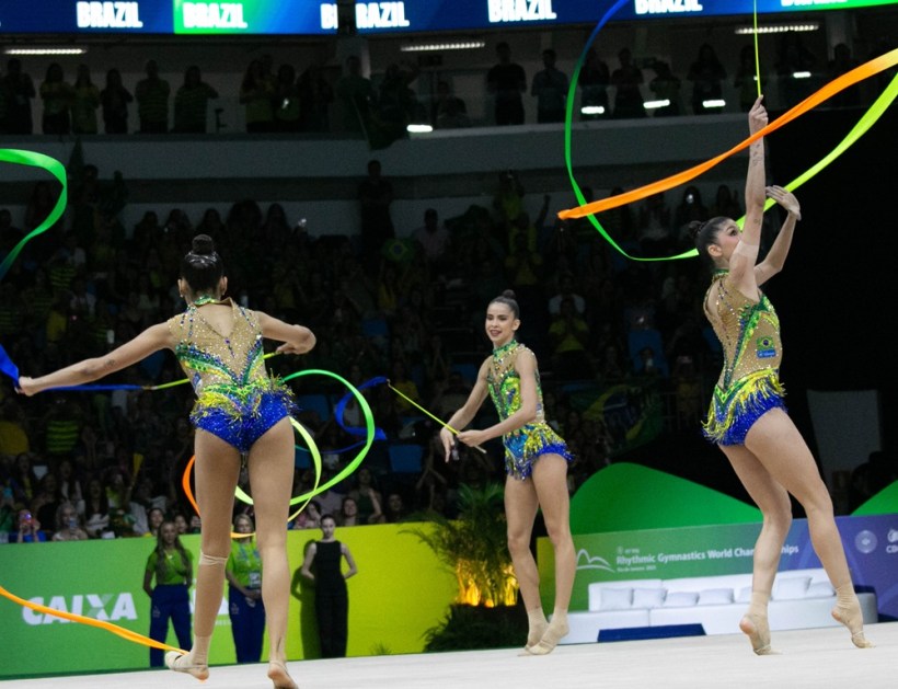 Equipe feminina do Brasil, na modalidade de fitas, no Campeonato Mundial de Ginastica Rítmica, disputada na Arena Carioca 1, na Barra da Tijuca