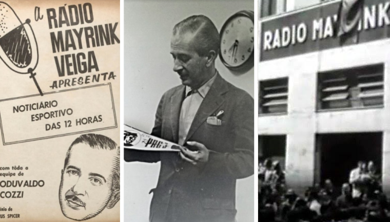 Anúncio da Rádio Mayrink Veiga em jornal (esq.); foto de Oduvaldo Cozzi; sede da emissora no Rio (dir.)
