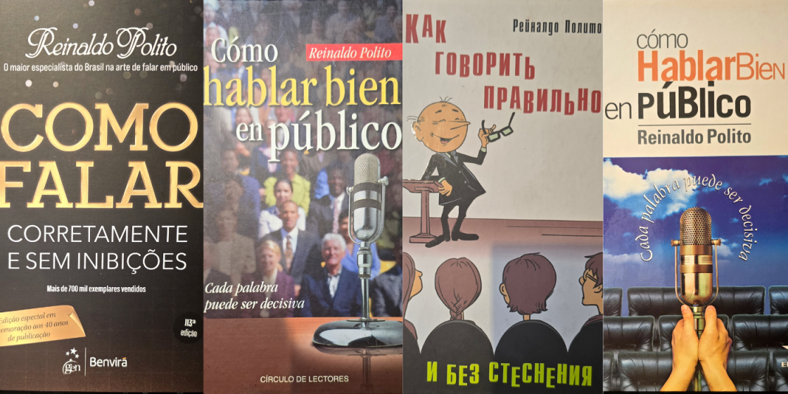 Edições brasileira, colombiana, russa e espanhola do livro "Como falar corretamente e sem inibições", de Reinaldo Polito