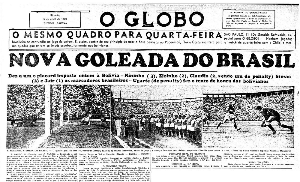 Página do caderno de esportes do Globo destaca goleada da seleção brasileira sobre a Bolívia no Sul-Americano de 1949