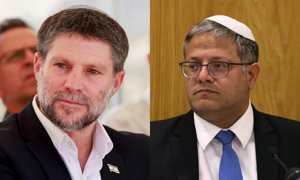 O ministro das Finanças israelense, Bezalel Smotrich (à esquerda), e o ministro da Segurança Nacional de Israel, Itamar Ben-Gvir (á direita) 