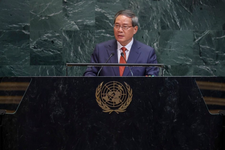 Premiê chinês, Li Qiang, discursa durante a Assembleia Geral das Nações Unidas na sede da ONU, em Nova York