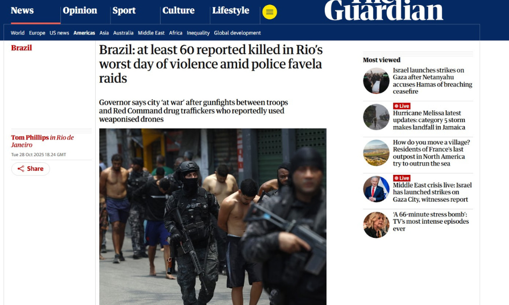 Jornal britânico The Guardian afirma que o Rio de Janeiro está 'em guerra' e classificou a data como o 'pior dia de violência da história' da cidade
