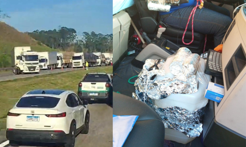 Caminhão com suspeita de bomba bloqueia totalmente o sentido litoral do Rodoanel, na altura do KM 44, em Itapecerica da Serra, na Grande São Paulo