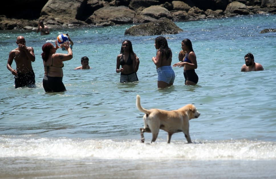 Banhistas aproveitam feriado de Natal de forte calor na Praia Branca do Guarujá