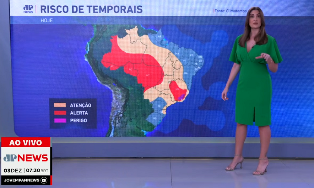 Paula Nobre mostra o mapa com risco de temporais no Brasil para esta quarta-feira (3)