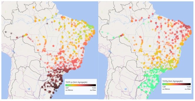 Locais que mais produzem energia / Locais que mais necessitam que seja transmitida.