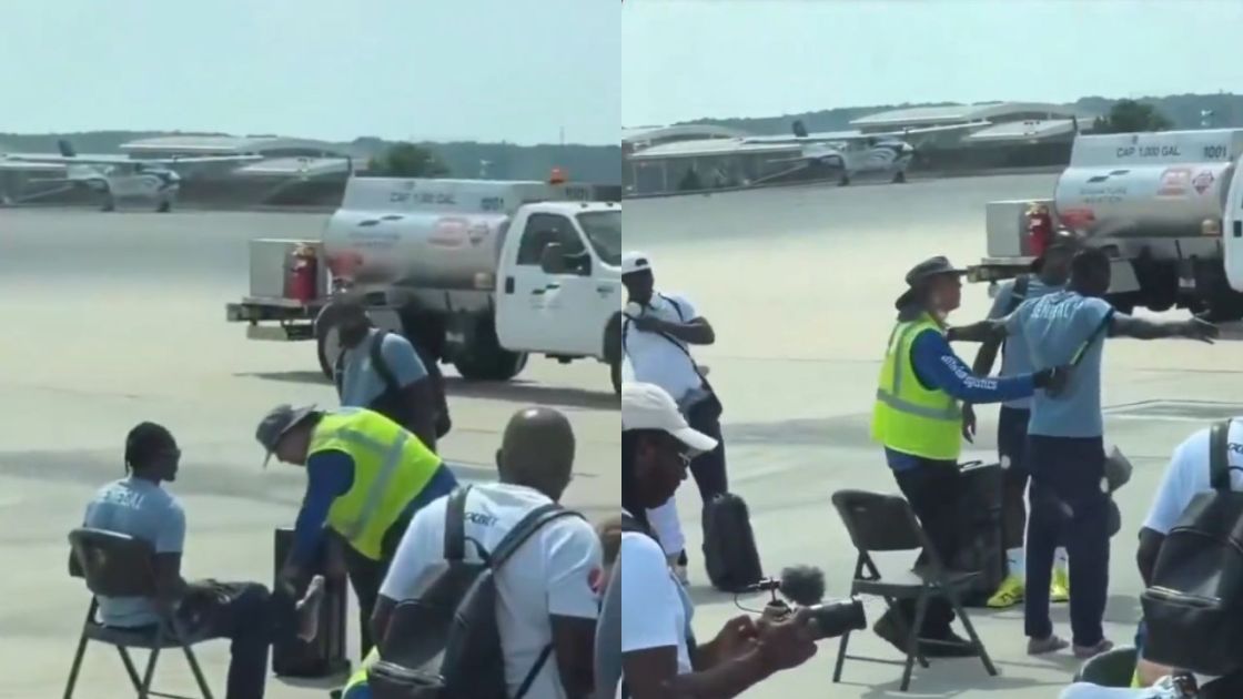 Integrante da delegação senegalesa é inspecionado ainda na pista de pouso na chegada do aeroporto nos EUA