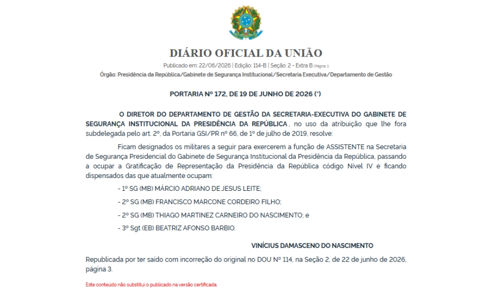 GSI da Presidência corrige portaria que nomeava ‘Fulano de Tal’ e ‘Cicrano de Tal’