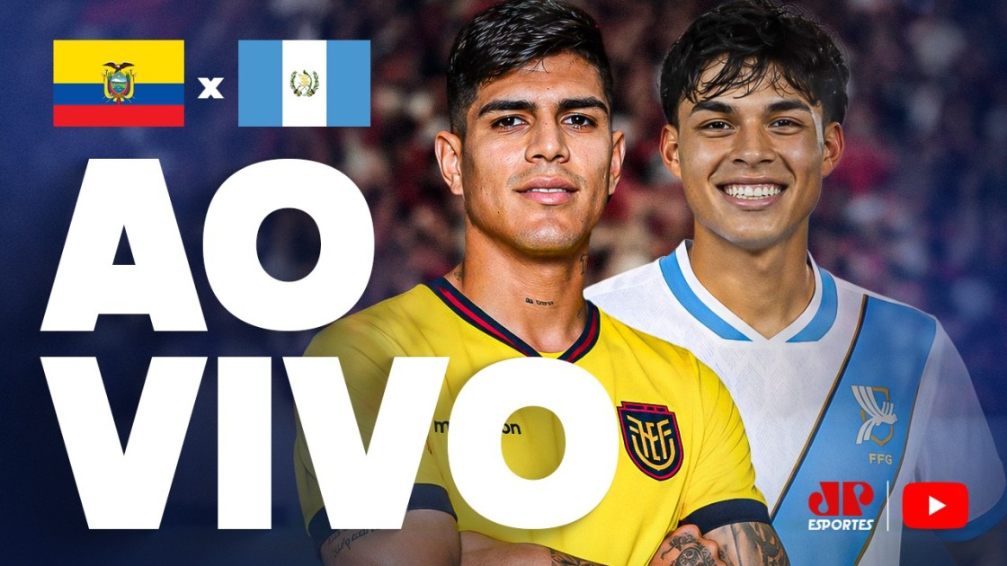 Montagem com jogadores do Ecuador e da Guatemala, bandeiras dos países e anúncio de ao vivo.