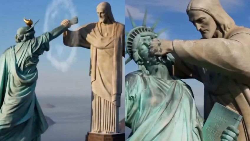 Imagens do vídeo de IA publicado pelo Irã de um embate entre o Cristo Redentor e a Estátua da Liberdade