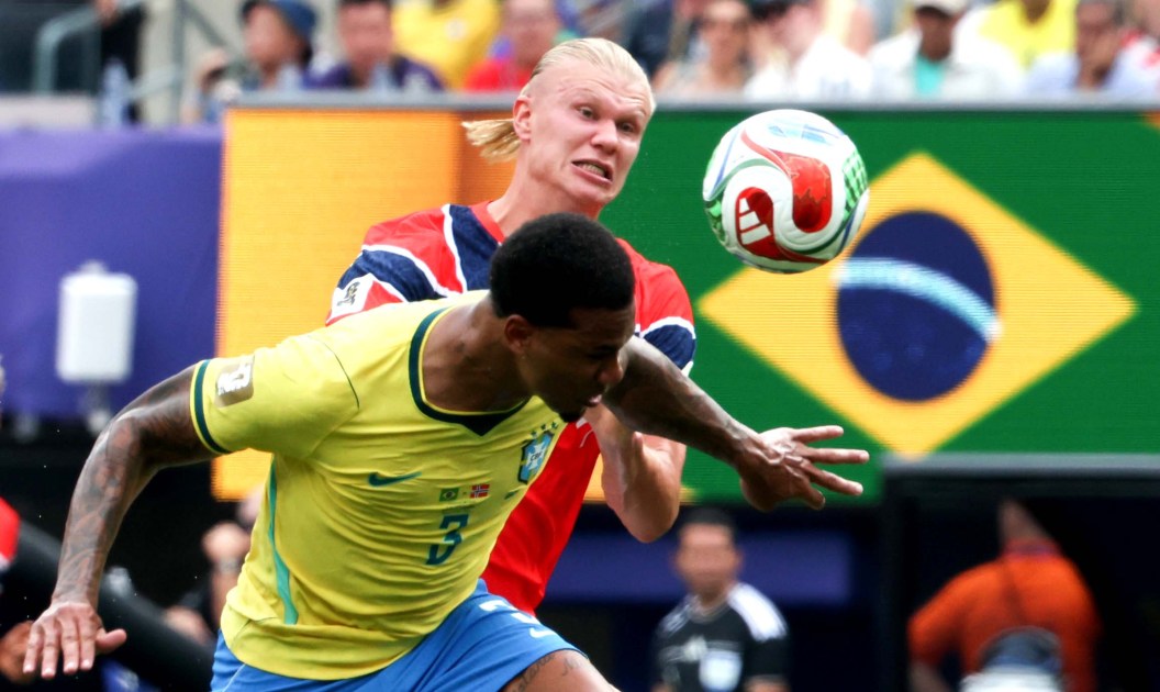 Erling Haaland (9), da Noruega, durante partida com o Brasil válida pelas oitavas de final da Copa do Mundo disputada em East Rutherford, Nova Jersey, perto de Nova York, nos Estados Unidos, neste domingo, 5 de julho de 2026