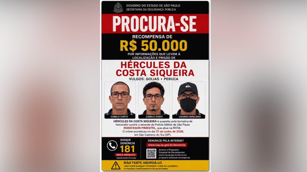 Polícia de SP oferece R$ 50 mil por informações sobre localização de suspeito de atirar em tenente da Rota no ABC