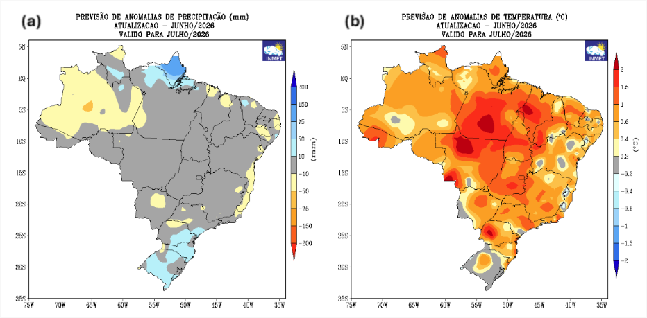 Previsão de desvios de (a) precipitação (mm) e (b) temperatura média do ar (°C) do modelo climático do INMET para o mês de julho de 2026.