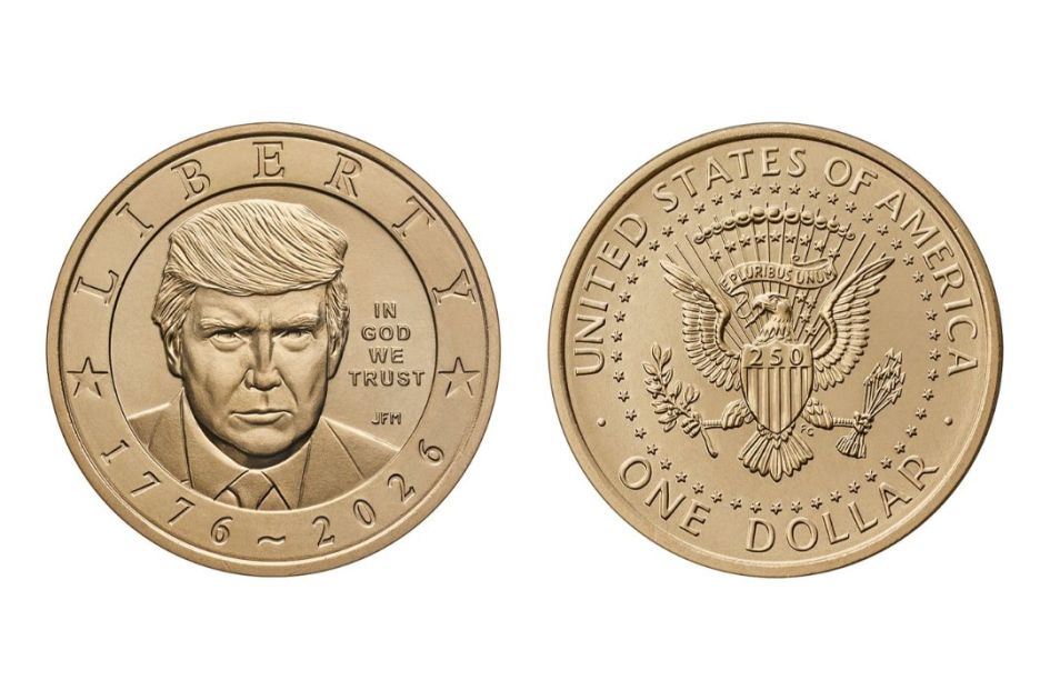 Moeda de um dólar com o rosto de Trump em comemoração aos os 250 anos da Declaração de Independência dos EUA.