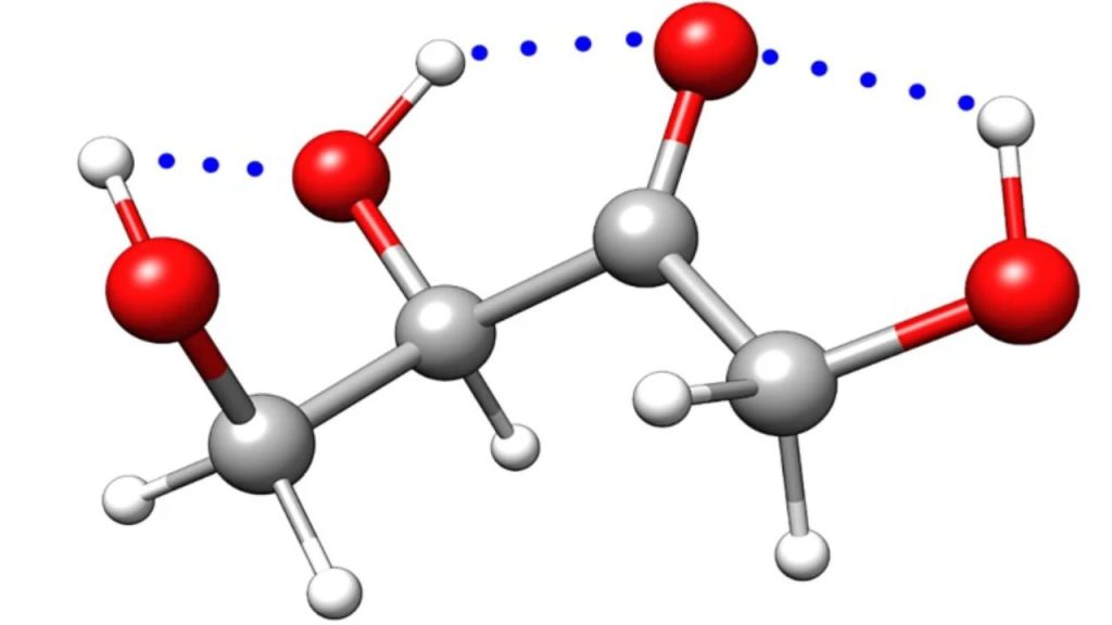 Molécula de eritrulose, com quatro átomos de carbono (cinza), quatro de oxigênio (vermelho) e oito de hidrogênio (branco)