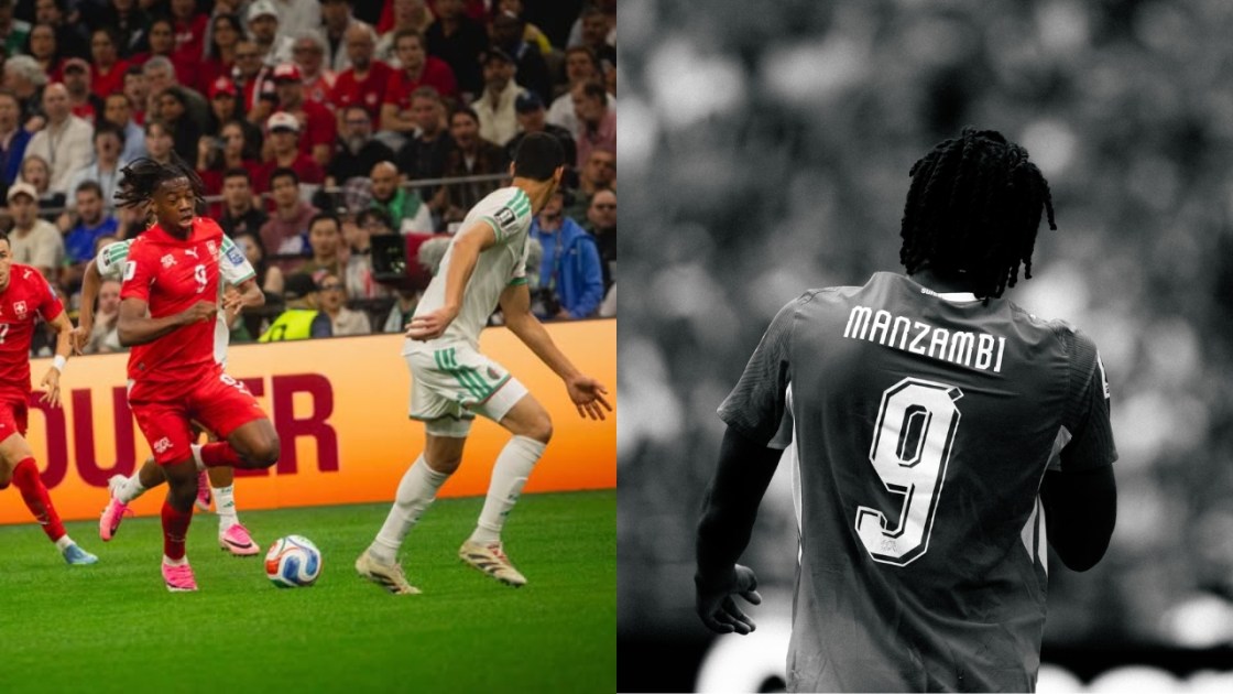 Monstagem com imagens do jogador suíço Johan Manzambi.
