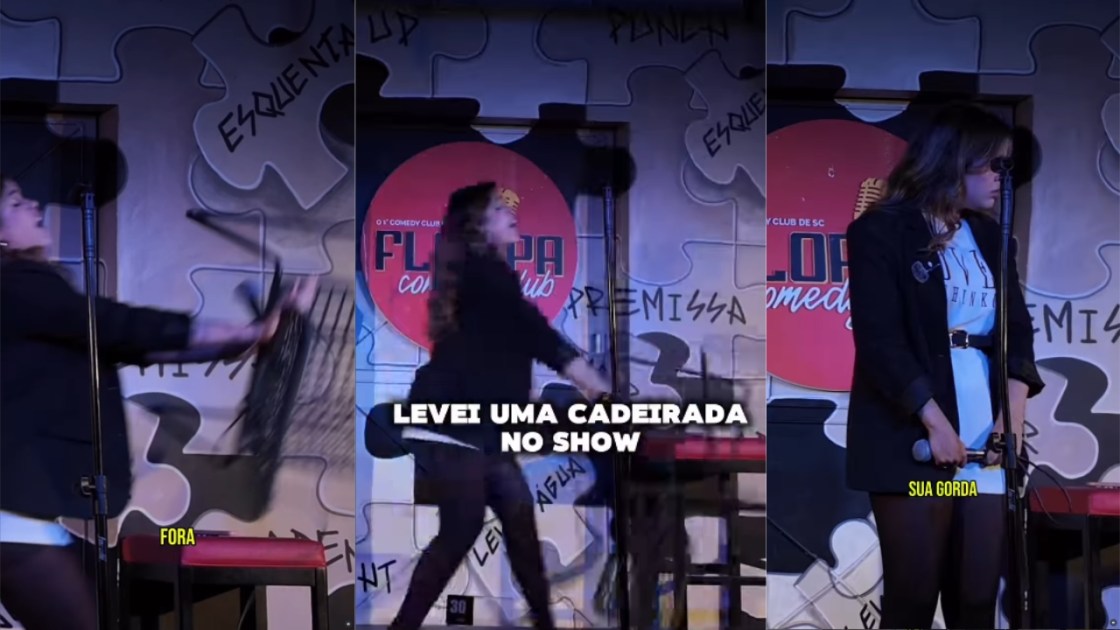 Monstagem de capturas de tela do vídeo em que a comediante Fernanda Arantes foi agredida com uma cadeirada durante um show.