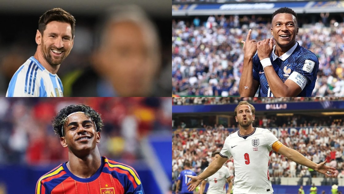 Montagem com imagens dos jogadores Lionel Messi, Kylian Mbappé, Lamine Yamal e Harry Kane.