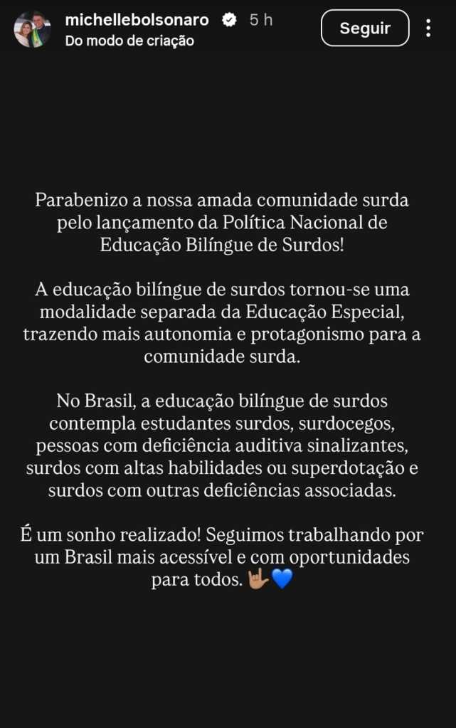 Postagem de Michelle Bolsonaro
